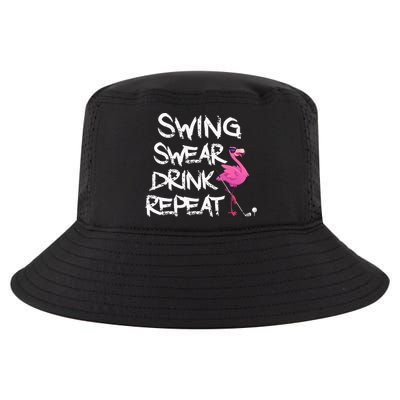 Swing Swear Drink Repeat Flamingo Playing retro Golf Cool Comfort Performance Bucket Hat