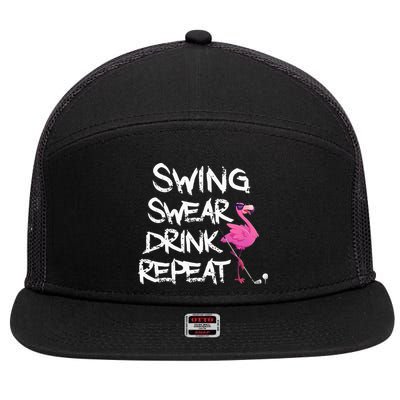 Swing Swear Drink Repeat Flamingo Playing retro Golf 7 Panel Mesh Trucker Snapback Hat