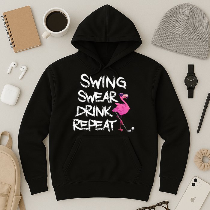 Swing Swear Drink Repeat Flamingo Playing retro Golf Hoodie