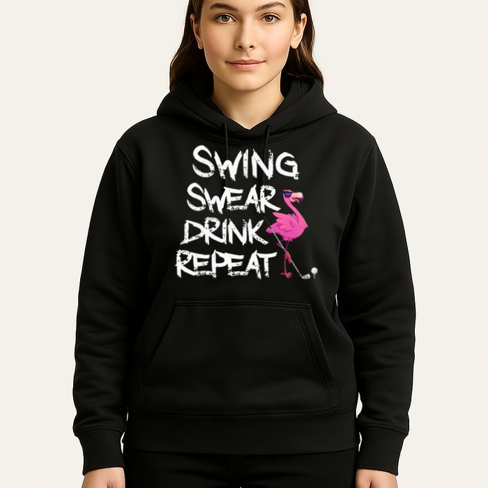 Swing Swear Drink Repeat Flamingo Playing retro Golf Hoodie