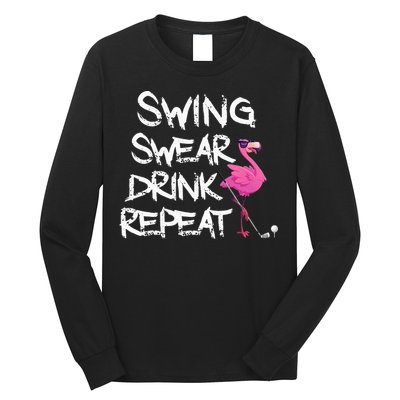 Swing Swear Drink Repeat Flamingo Playing retro Golf Long Sleeve Shirt