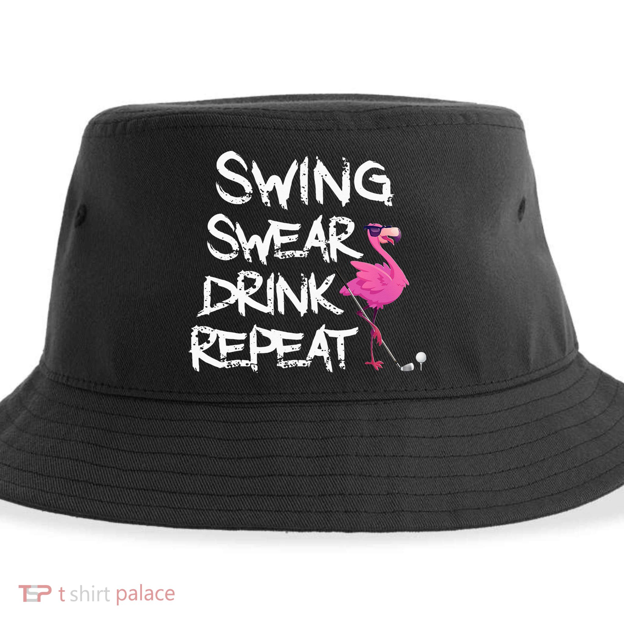 Swing Swear Drink Repeat Flamingo Playing retro Golf Sustainable Bucket Hat