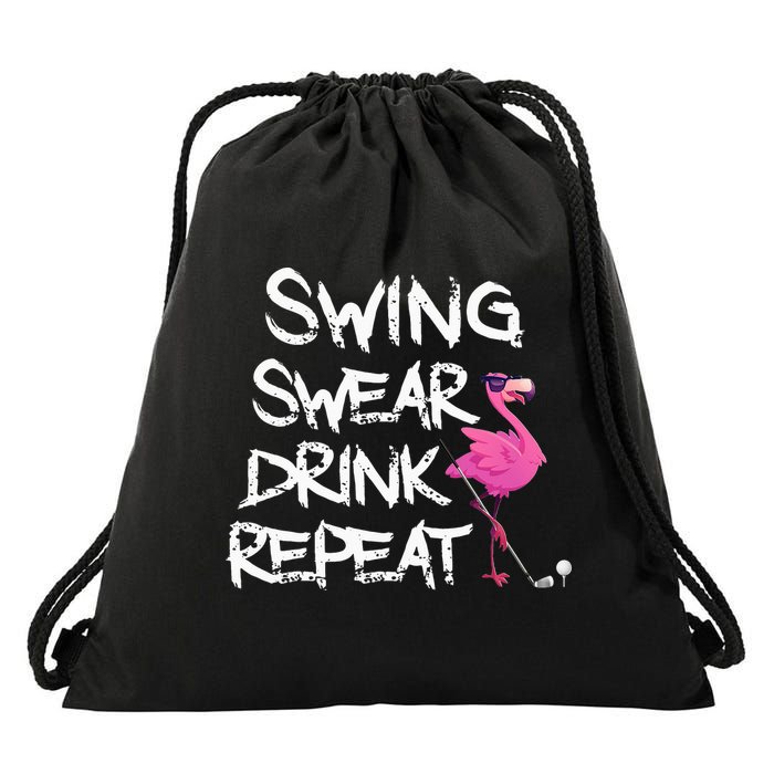 Swing Swear Drink Repeat Flamingo Playing retro Golf Drawstring Bag
