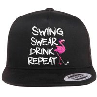Swing Swear Drink Repeat Flamingo Playing retro Golf Flat Bill Trucker Hat