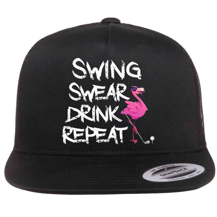 Swing Swear Drink Repeat Flamingo Playing retro Golf Flat Bill Trucker Hat