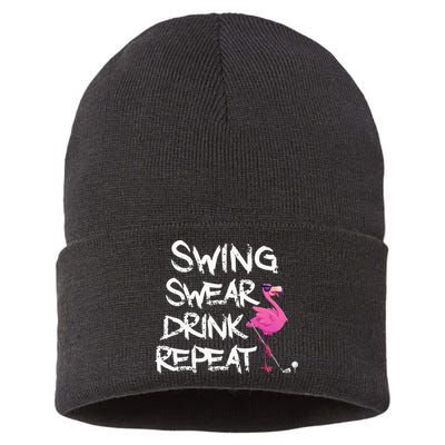 Swing Swear Drink Repeat Flamingo Playing retro Golf Sustainable Knit Beanie