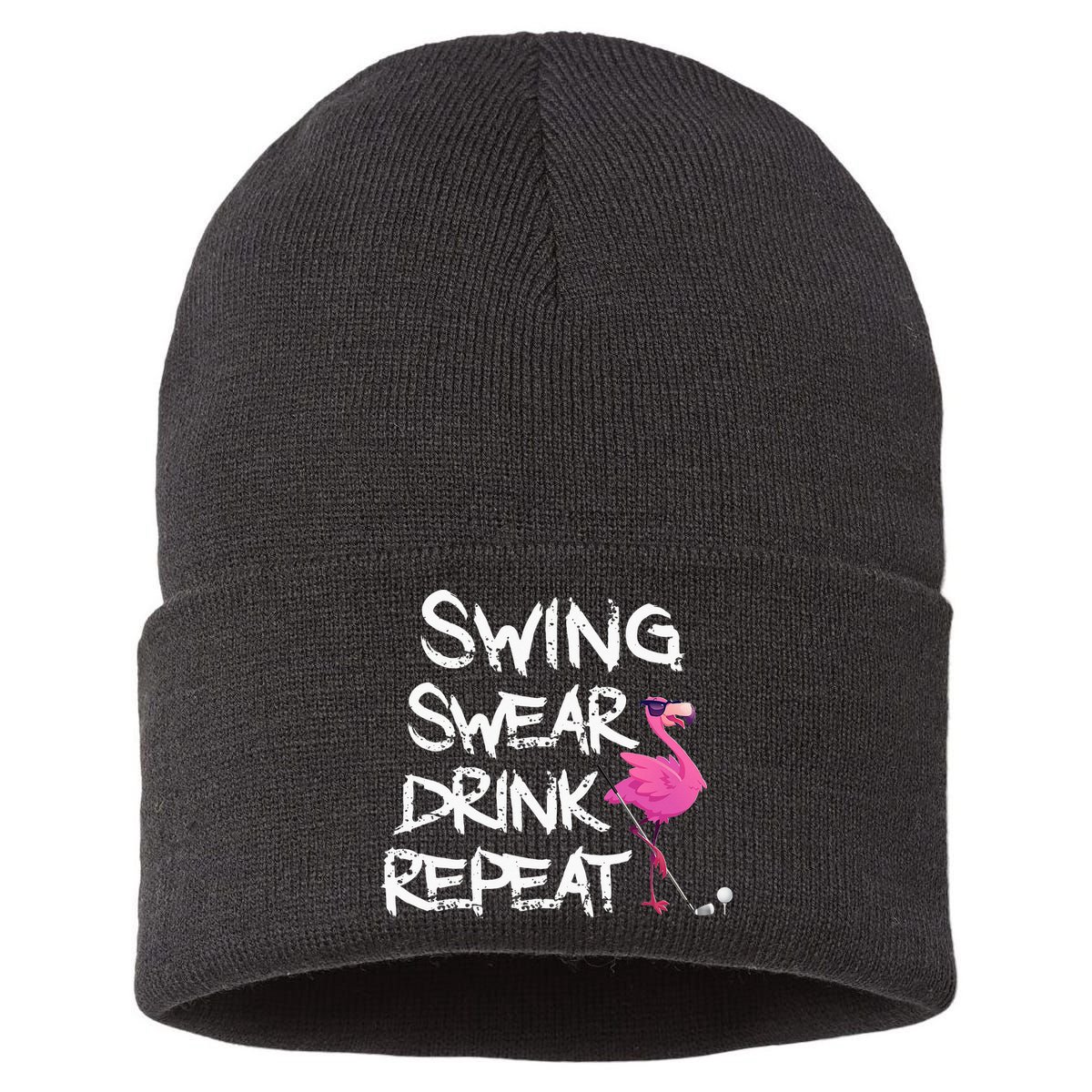 Swing Swear Drink Repeat Flamingo Playing retro Golf Sustainable Knit Beanie