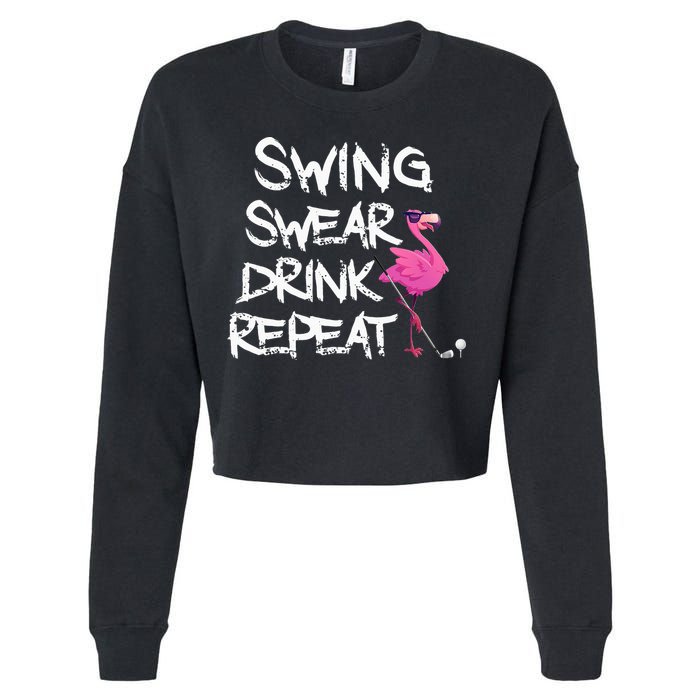 Swing Swear Drink Repeat Flamingo Playing retro Golf Cropped Pullover Crew