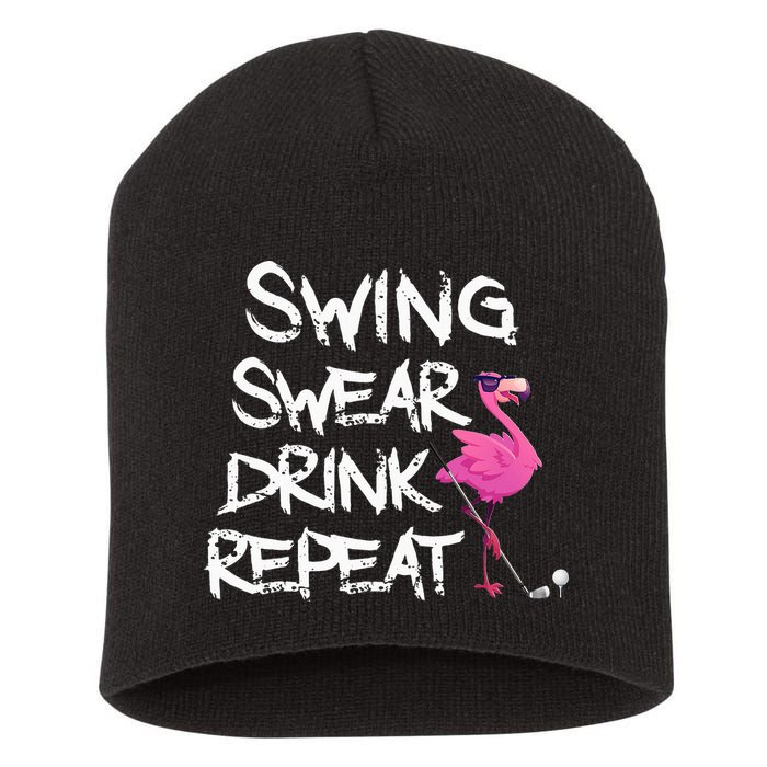 Swing Swear Drink Repeat Flamingo Playing retro Golf Short Acrylic Beanie