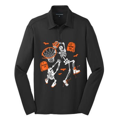 Spooky Skeleton Dunking Basketball Graveyard Halloween Silk Touch Performance Long Sleeve Polo