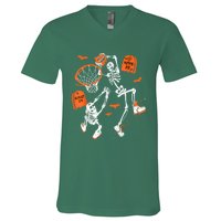 Spooky Skeleton Dunking Basketball Graveyard Halloween V-Neck T-Shirt