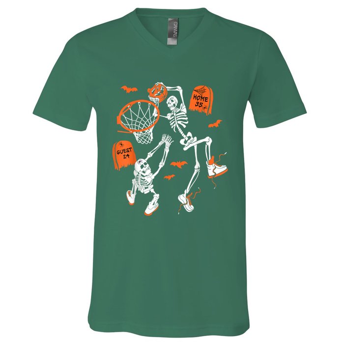 Spooky Skeleton Dunking Basketball Graveyard Halloween V-Neck T-Shirt