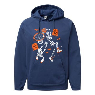 Spooky Skeleton Dunking Basketball Graveyard Halloween Performance Fleece Hoodie