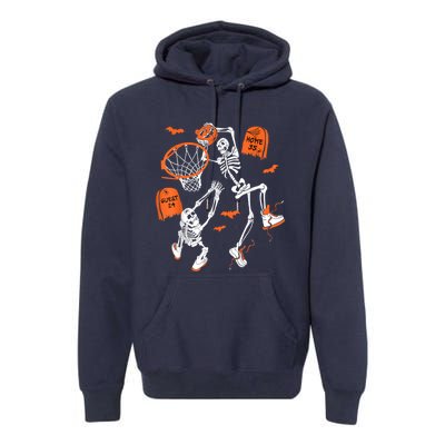 Spooky Skeleton Dunking Basketball Graveyard Halloween Premium Hoodie