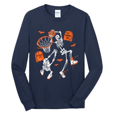 Spooky Skeleton Dunking Basketball Graveyard Halloween Tall Long Sleeve T-Shirt