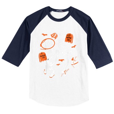 Spooky Skeleton Dunking Basketball Graveyard Halloween Baseball Sleeve Shirt