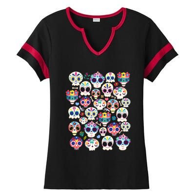 Sugar Skull Dia De Los Muertos Funny Day Of The Dead Kids Ladies Halftime Notch Neck Tee