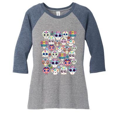 Sugar Skull Dia De Los Muertos Funny Day Of The Dead Kids Women's Tri-Blend 3/4-Sleeve Raglan Shirt