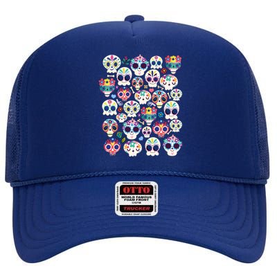 Sugar Skull Dia De Los Muertos Funny Day Of The Dead Kids High Crown Mesh Back Trucker Hat