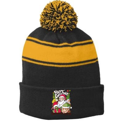 Santa Smoking Design Christmas All The Way Funny Stripe Pom Pom Beanie