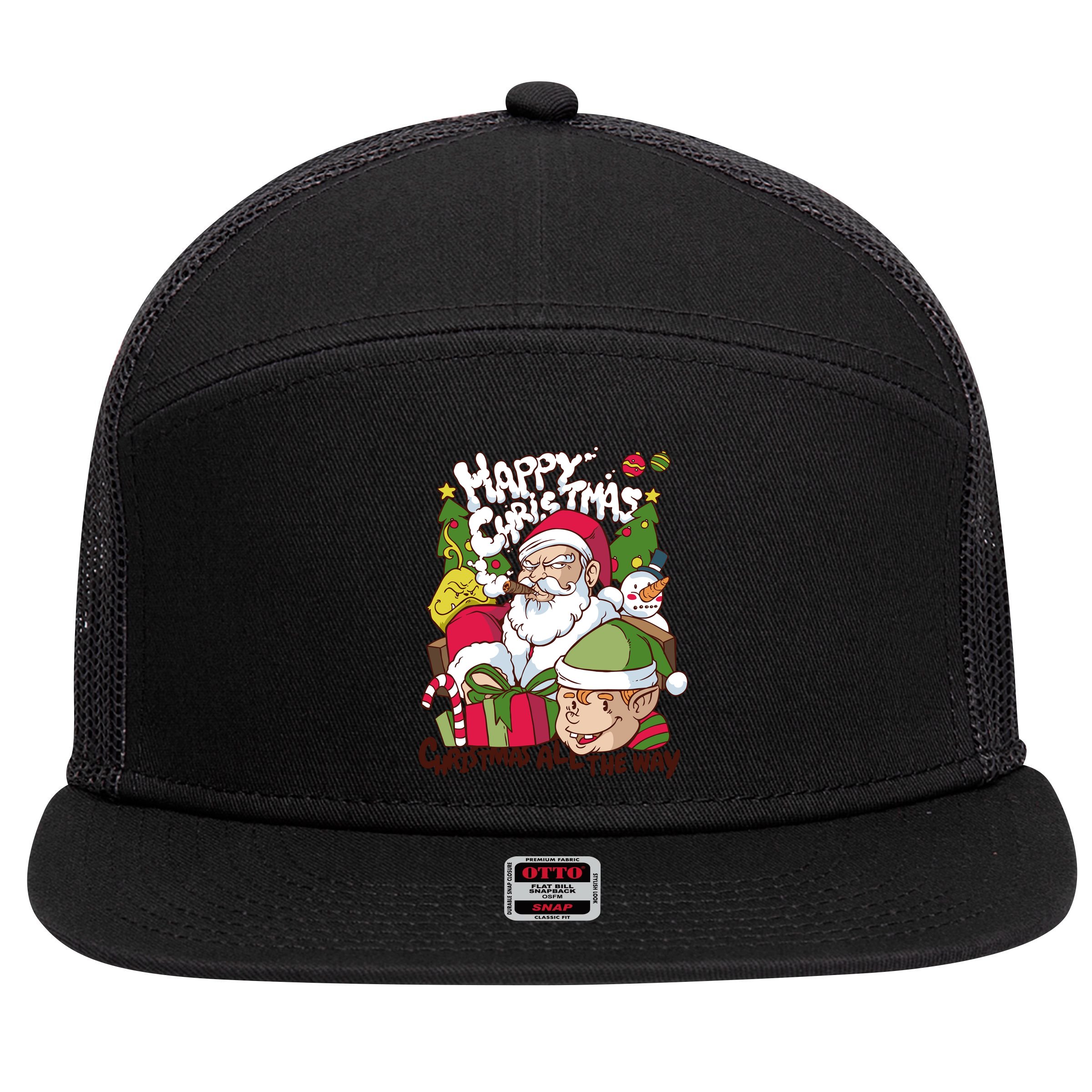 Santa Smoking Design Christmas All The Way Funny 7 Panel Mesh Trucker Snapback Hat