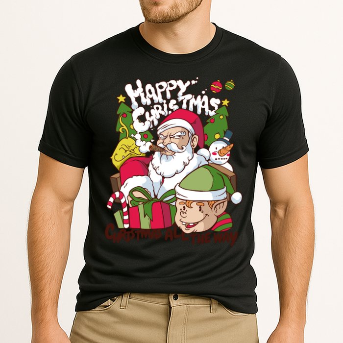 Santa Smoking Design Christmas All The Way Funny Cooling Performance Crew T-Shirt
