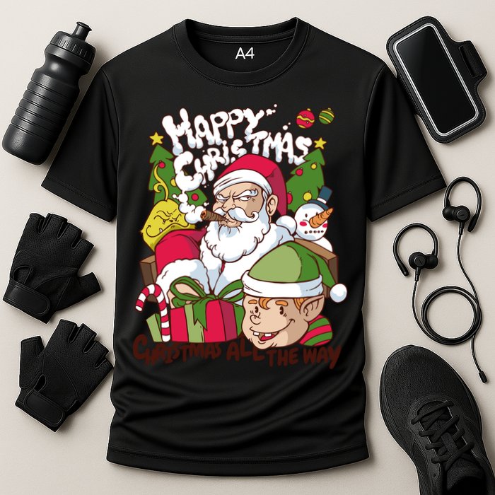 Santa Smoking Design Christmas All The Way Funny Cooling Performance Crew T-Shirt
