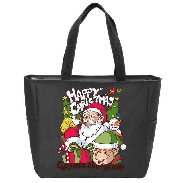 Santa Smoking Design Christmas All The Way Funny Zip Tote Bag