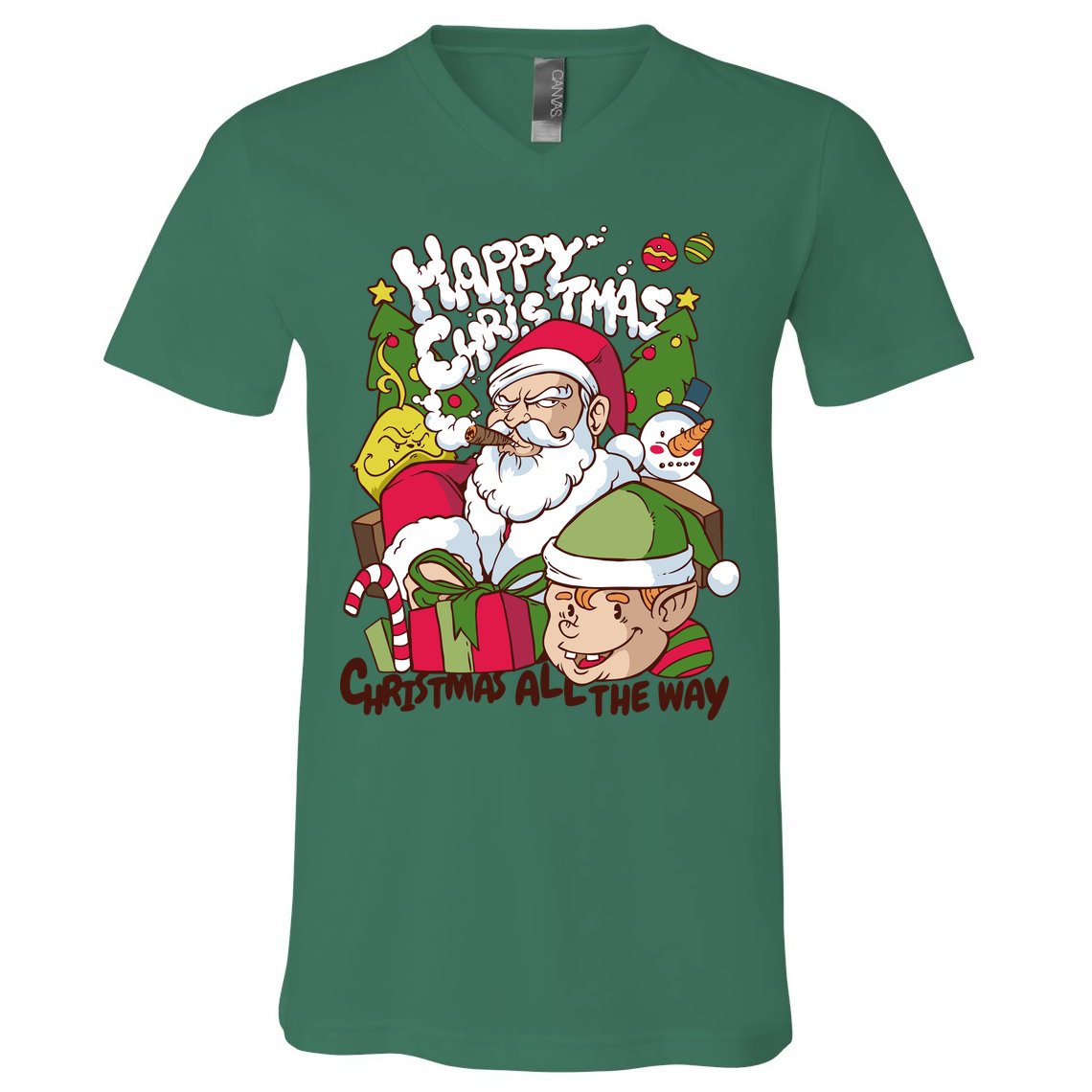 Santa Smoking Design Christmas All The Way Funny V-Neck T-Shirt