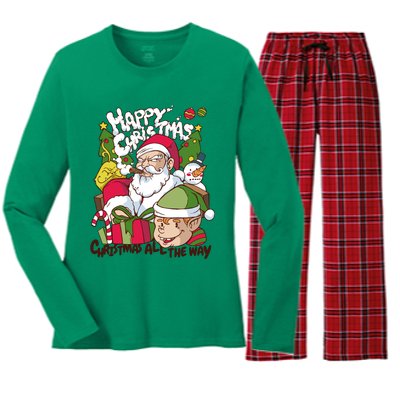 Santa Smoking Design Christmas All The Way Funny Women's Long Sleeve Flannel Pajama Set 