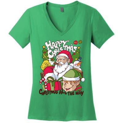 Santa Smoking Design Christmas All The Way Funny Women's V-Neck T-Shirt