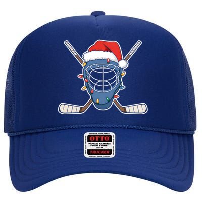 Santa Sports Design Christmas Hockey Player Gift High Crown Mesh Back Trucker Hat