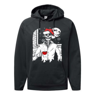 Smiling Skull Drinking Coffee Santa Ugly Christmas Skeleton Performance Fleece Hoodie