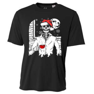 Smiling Skull Drinking Coffee Santa Ugly Christmas Skeleton Cooling Performance Crew T-Shirt