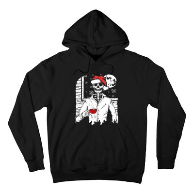 Smiling Skull Drinking Coffee Santa Ugly Christmas Skeleton Hoodie