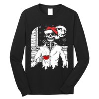 Smiling Skull Drinking Coffee Santa Ugly Christmas Skeleton Long Sleeve Shirt