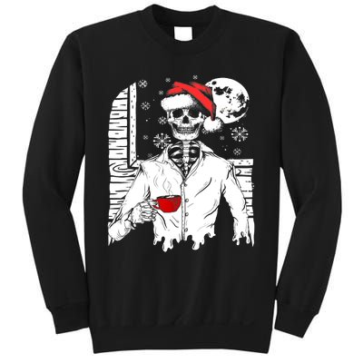 Smiling Skull Drinking Coffee Santa Ugly Christmas Skeleton Sweatshirt