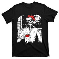 Smiling Skull Drinking Coffee Santa Ugly Christmas Skeleton T-Shirt