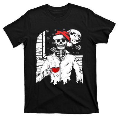 Smiling Skull Drinking Coffee Santa Ugly Christmas Skeleton T-Shirt