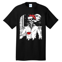 Smiling Skull Drinking Coffee Santa Ugly Christmas Skeleton Tall T-Shirt