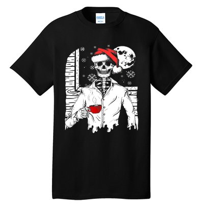 Smiling Skull Drinking Coffee Santa Ugly Christmas Skeleton Tall T-Shirt