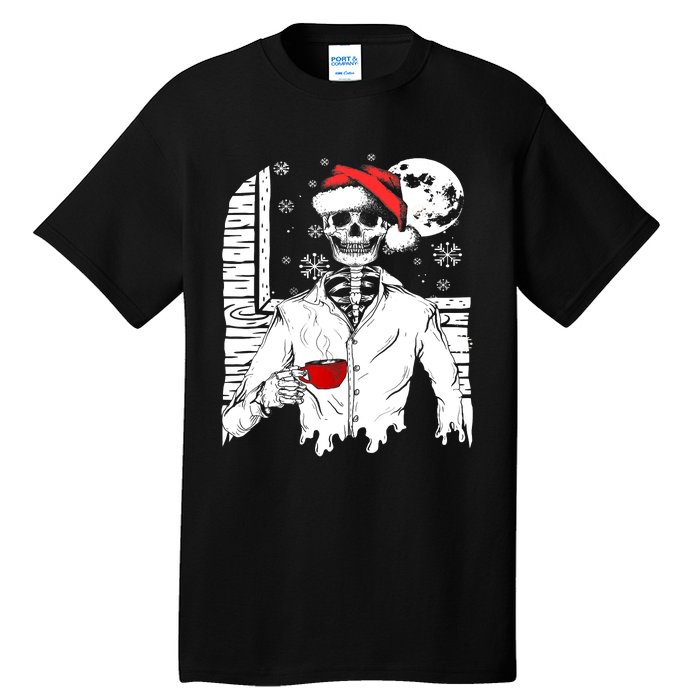 Smiling Skull Drinking Coffee Santa Ugly Christmas Skeleton Tall T-Shirt