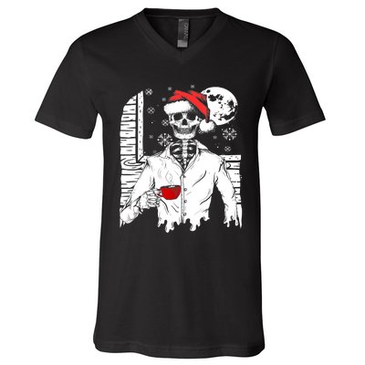 Smiling Skull Drinking Coffee Santa Ugly Christmas Skeleton V-Neck T-Shirt