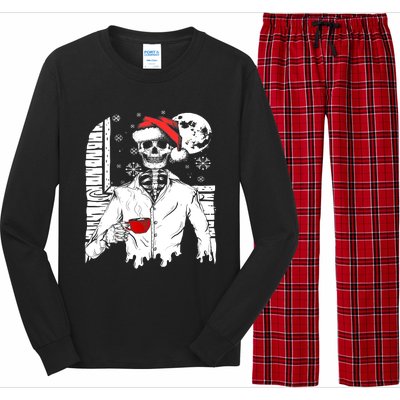 Smiling Skull Drinking Coffee Santa Ugly Christmas Skeleton Long Sleeve Pajama Set