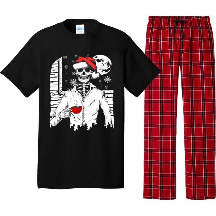 Smiling Skull Drinking Coffee Santa Ugly Christmas Skeleton Pajama Set