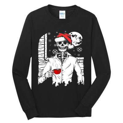 Smiling Skull Drinking Coffee Santa Ugly Christmas Skeleton Tall Long Sleeve T-Shirt