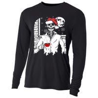 Smiling Skull Drinking Coffee Santa Ugly Christmas Skeleton Cooling Performance Long Sleeve Crew