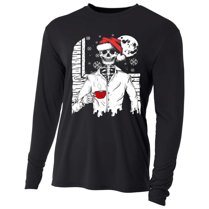 Smiling Skull Drinking Coffee Santa Ugly Christmas Skeleton Cooling Performance Long Sleeve Crew