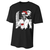 Smiling Skull Drinking Coffee Santa Ugly Christmas Skeleton Performance Sprint T-Shirt