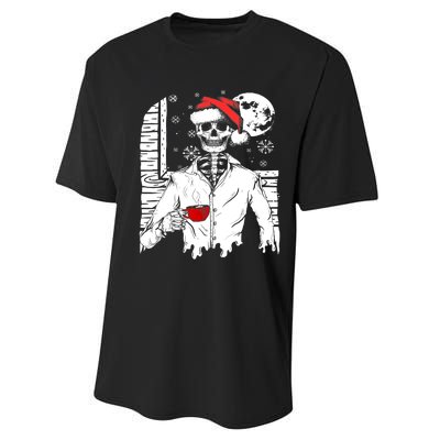 Smiling Skull Drinking Coffee Santa Ugly Christmas Skeleton Performance Sprint T-Shirt